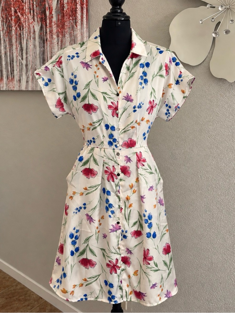 French Connection Women's Cream White Floral Print Short Sleeve Dress Small